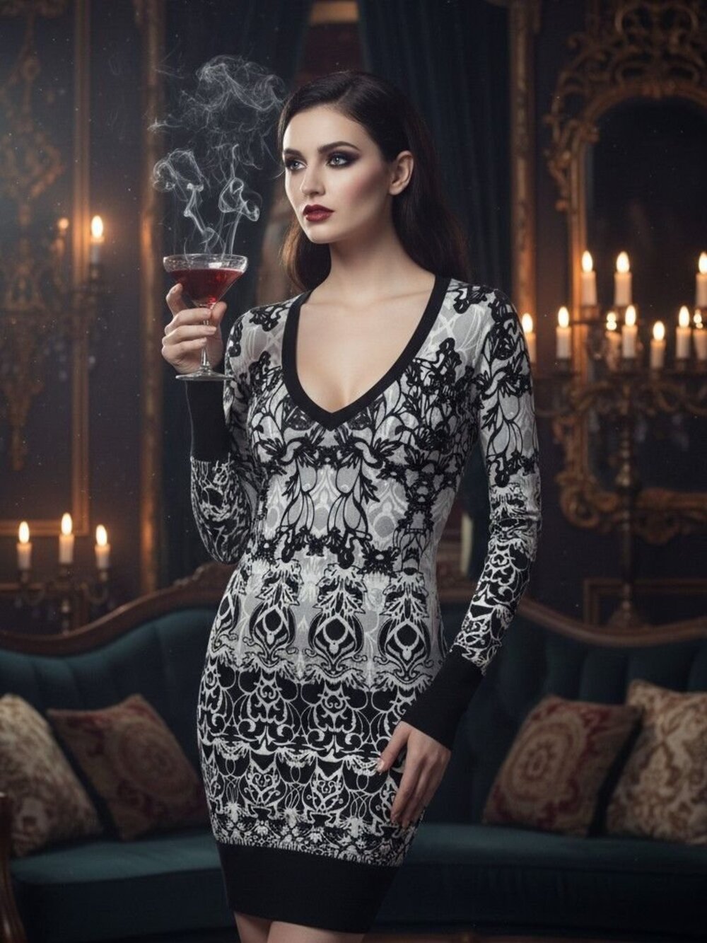 Authentic CACHÉ Retro Y2K Gothic Damask V-Back Sweater Dress Vampirecore, Coquet